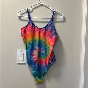 Limeapple Girls Rainbow Tie-Dye One-Piece Swimsuit - Blue Trim